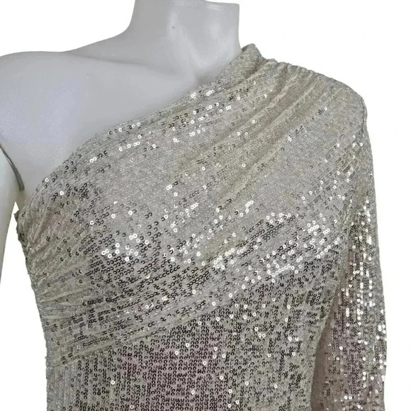 Bella Barnett Gold Metallic Sequins Dress Evening Sexy Formal One Shoulder Med - Picture 4 of 12